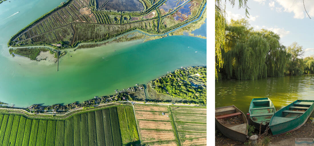 Laguna Caorle z ptačí perspektivy, rybářské čluny v zátoce laguny