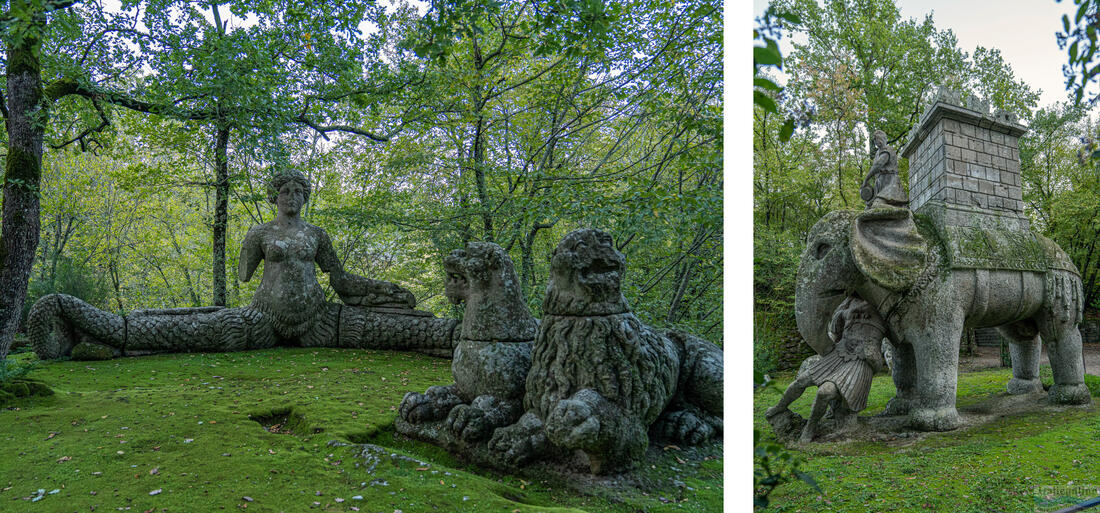 Mořská panna Echidna se dvěma lvy, Hannibalův slon drví římského legionáře, park Bomarzo