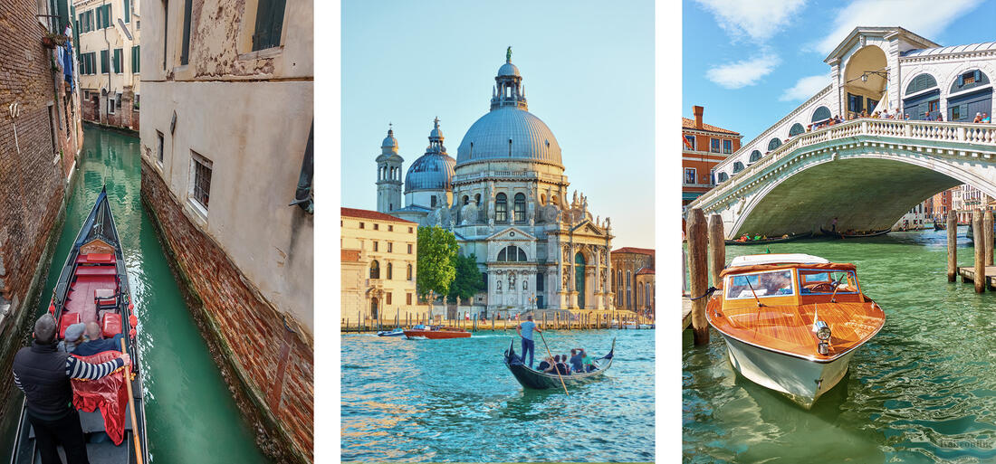 Gondoliér v úzké uličce, Gondola před kostelem Santa Maria della Salute, vodní taxi zaparkováno před mostem Rialto, Benátky