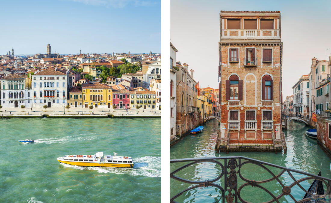 Vodní autobus Vaporetto se plaví po Canal Grande, Palazzo Tetta, Benátky