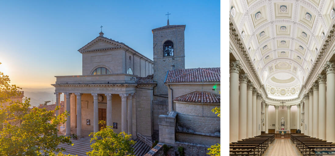 Basilica di San Marino při západu slunce, napravo interiér baziliky